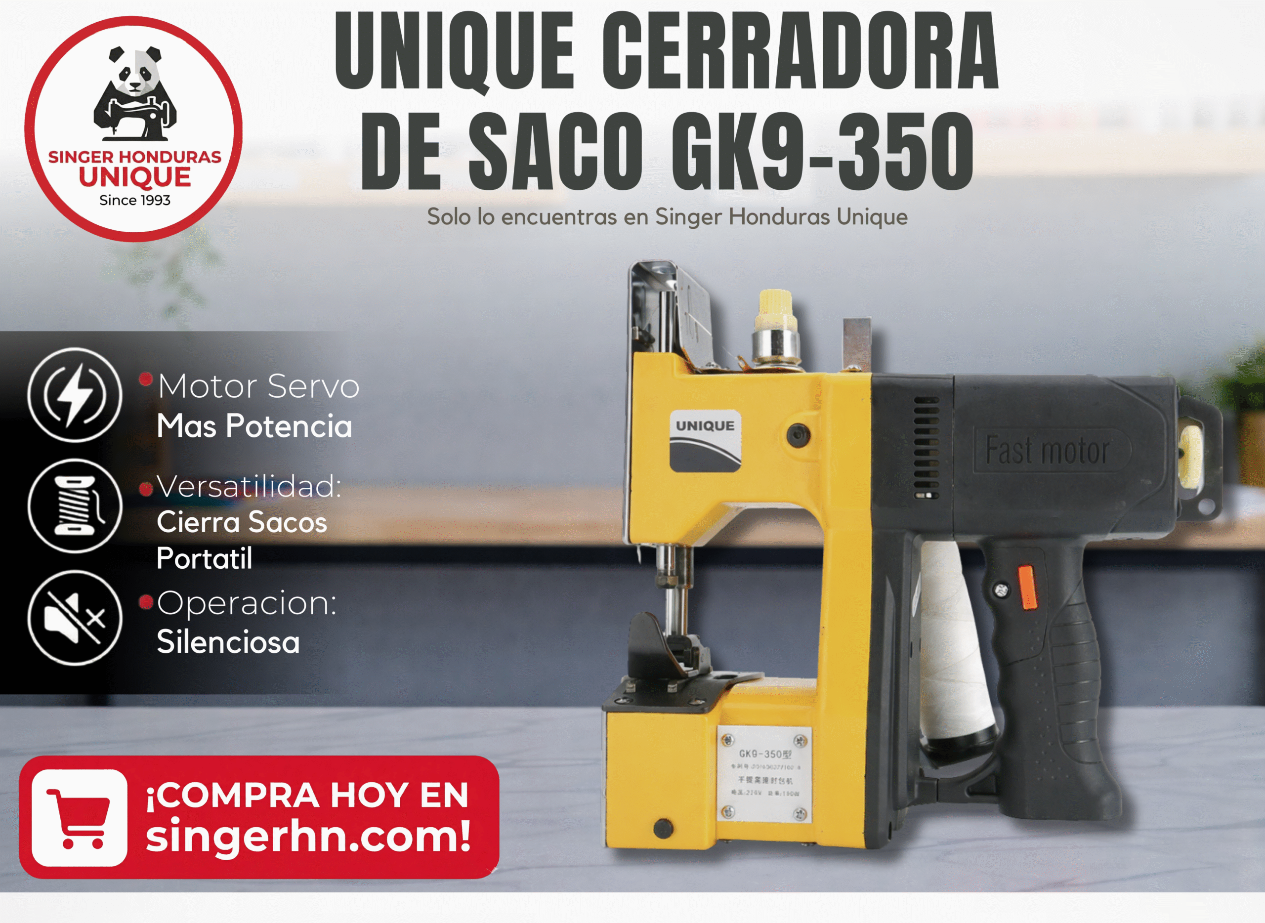 UNIQUE GK9-350 – Máquina Portátil para Cierre de Sacos (1 Aguja / 1 Hilo)